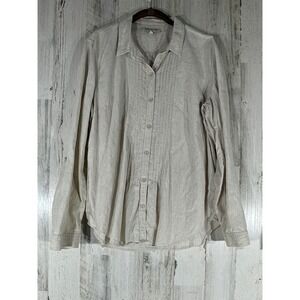 Jones New York Sport Button Up Sz XL Beige Linen Roll Tab Sleeves Pintuck Pleats